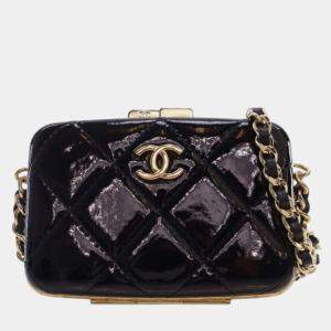 Pre Owned Chanel Black Small Glazed Goatskin Box With Chain