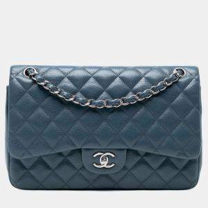 Pre Owned Chanel Blue Jumbo Classic Caviar Double Flap