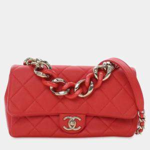 Pre Owned Chanel Red Small Lambskin Elegant Chain Single Flap