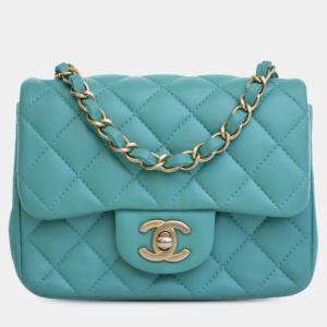 Pre Owned Chanel Blue Mini Square Classic Lambskin Single Flap