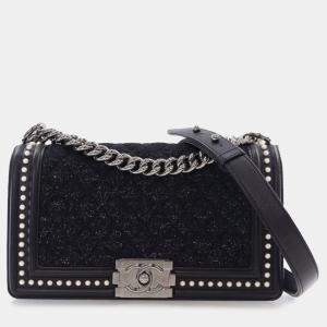 Pre Owned Chanel Black Old Medium Quilted Tweed and Calfskin Pearl Boy Flap