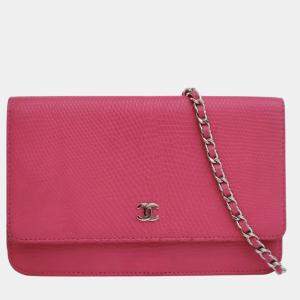 Pre Owned Chanel Pink CC Lizard Embossed Calfskin Wallet On Chain