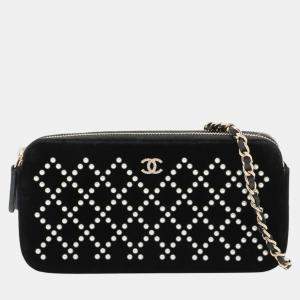 Pre Owned Chanel Black Velour Pearl Embellished Double Zip Clutch with Chain