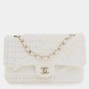 Pre Owned Chanel White Medium Classic Tweed Double Flap
