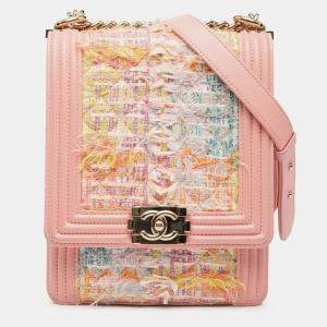 Pre Owned Chanel Pink Quilted Tweed and Calfskin North South Boy Flap