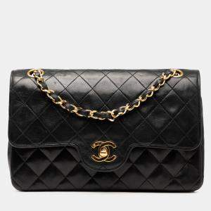 Pre Owned Chanel Black Small CC Quilted Lambskin Double Flap