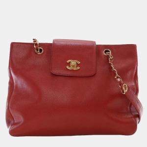 Pre Owned Chanel Red CC Caviar Supermodel Tote