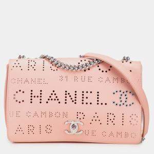 Pre Owned Chanel Pink Perforated Calfskin Logo Eyelet Flap Bag