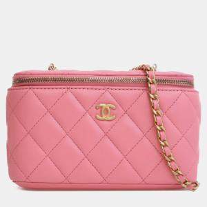 Pre Owned Chanel Pink Small Quilted Lambskin Pearl Crush Vanity Case with Chain