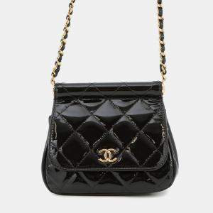 Pre Owned Chanel Matelasse Mini Chain Shoulder Bag Black Patent Leather
