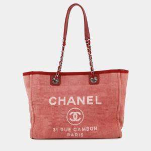 Pre Owned Chanel Deauville Chain Tote Bag Pink Canvas