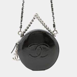 Pre Owned Chanel Double Chain Round Shoulder Bag Black Patent Leather