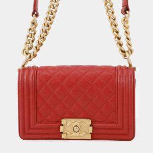 Pre Owned Chanel Boy Chanel Chain shoulder Red Caviar Leather