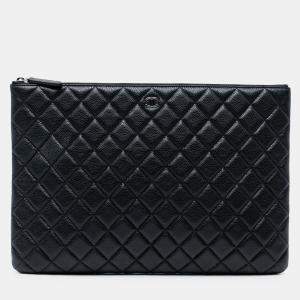 Pre Owned Chanel Large Quilted Caviar O Case Clutch