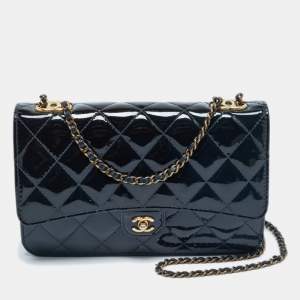 Pre Owned Chanel Navy Blue Quilted Patent Leather WOC Bag