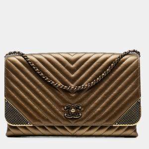 Pre Owned Chanel Brown Calfskin Chevron Rock The Corner Flap