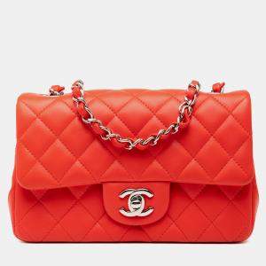 Pre Owned Chanel Red Mini Rectangular Classic Lambskin Single Flap