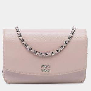 Pre Owned Chanel Pink CC Caviar Sevruga Wallet On Chain