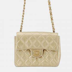 Pre Owned Chanel Gold Mini Square Classic Lambskin Single Flap