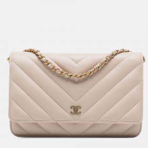 Pre Owned Chanel Beige Brown CC Chevron Caviar Ancient Greek Charms Wallet On Chain