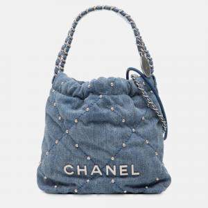 Pre Owned Chanel Blue Mini Denim Studded 22 Handbag