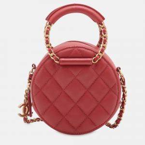 Pre Owned Chanel Red Quilted Caviar Round Woven Chain Top Handle Bag