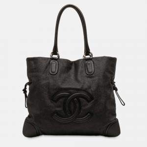 Pre Owned Chanel Black Washed Calfskin CC Cup Drawstring Tote
