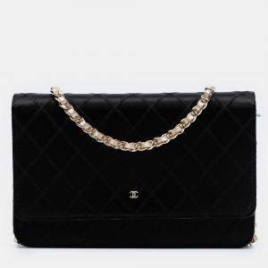 Pre Owned Chanel Black Bicolor Satin Wallet On Chain