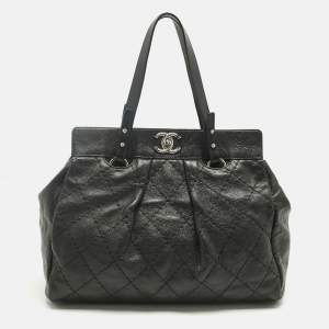 Pre Owned Chanel Black Quilted Caviar Leather On The Road Tote