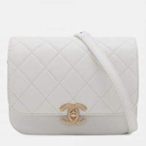 Pre Owned Chanel White CC Quilted Caviar Flap Crossbody