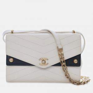 Pre Owned Chanel White Medium Chevron Calfskin Casual Trip Flap