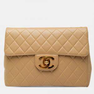 Pre Owned Chanel Beige Jumbo XL Classic Lambskin Single Flap