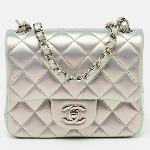 Pre Owned Chanel Silver Quilted Leather Mini Square Classic Single Flap Bag