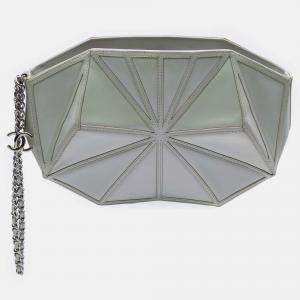 Pre Owned Chanel Silver Pearlescent Lambskin Midnight Swim Wristlet Clutch