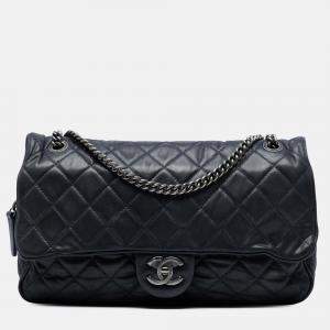 Pre Owned Chanel Black Large Quilted Iridescent Calfskin Shiva Flap
