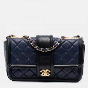 Pre Owned Chanel Blue Medium Bicolor Quilted Lambskin Elegant CC Flap