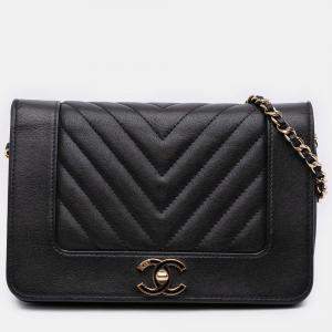 Pre Owned Chanel Black Chevron Sheepskin Mademoiselle Vintage Wallet on Chain
