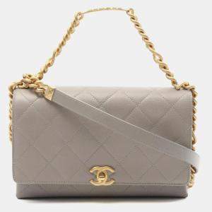 Pre Owned Chanel Matelasse Shoulder Bag In Calfskin Leather Gray