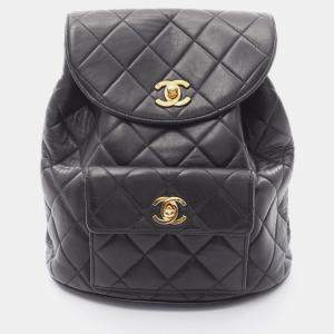 Pre Owned Chanel Matelasse Backpack Bag In Lambskin Leather Black