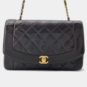 Pre Owned Chanel Chain Shoulder Bag Matelasse 25 Coco Mark Diana Lambskin Black
