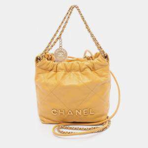 Pre Owned Chanel 22 Mini Shoulder Bag In Lambskin Leather Yellow