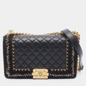 Pre Owned Chanel Boy Chanel Large Matelasse Shoulder Bag In Lambskin Fabric Black/Gold
