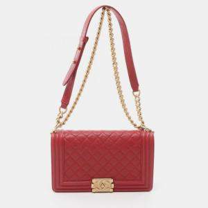 Pre Owned Chanel Boy Chanel Shoulder Bag Leather Grained Calfskin Red