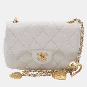 Pre Owned Chanel Mini Matelasse Shoulder Bag Lambskin Leather White