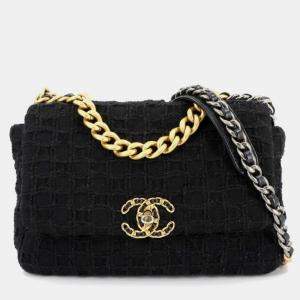 Pre Owned Chanel 19 2Way Hand Chain Shoulder Bag Tweed Leather Black