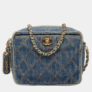 Pre Owned Chanel Coco Mark Matelasse Chain Shoulder Bag In Indigo Blue Denim