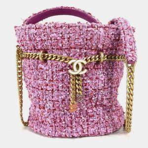 Pre Owned Chanel Cc Coco Mark Chain Bucket-Shaped Pochette Handbag Tweed Pink
