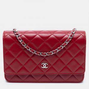 Pre Owned Chanel Red CC Quilted Lambskin Wallet on Chain