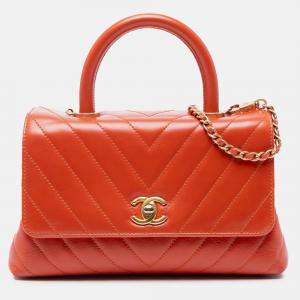 Pre Owned Chanel Orange Mini Chevron Lambskin Coco Top Handle Bag