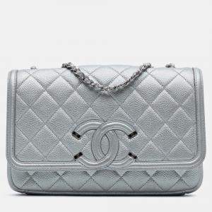 Pre Owned Chanel Silver Small Quilted Metallic Caviar CC Filigree Flap